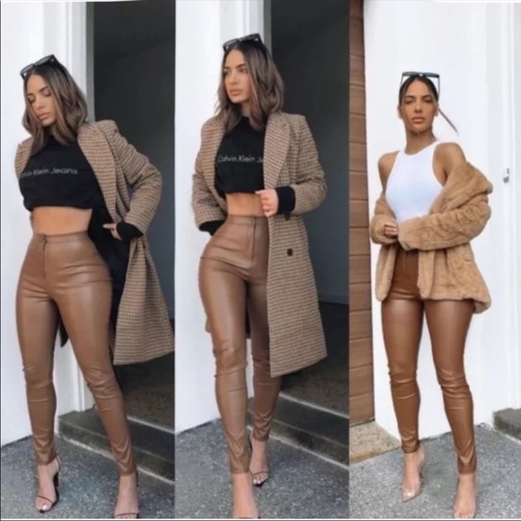 Zara Camel Faux Leather Leggings Pants 